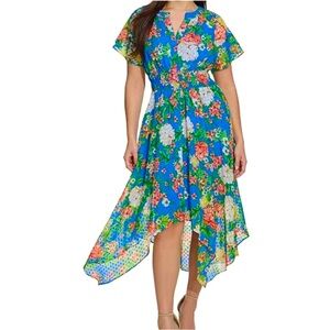 Kensie Blue Floral Midi High Low Dress Size 10